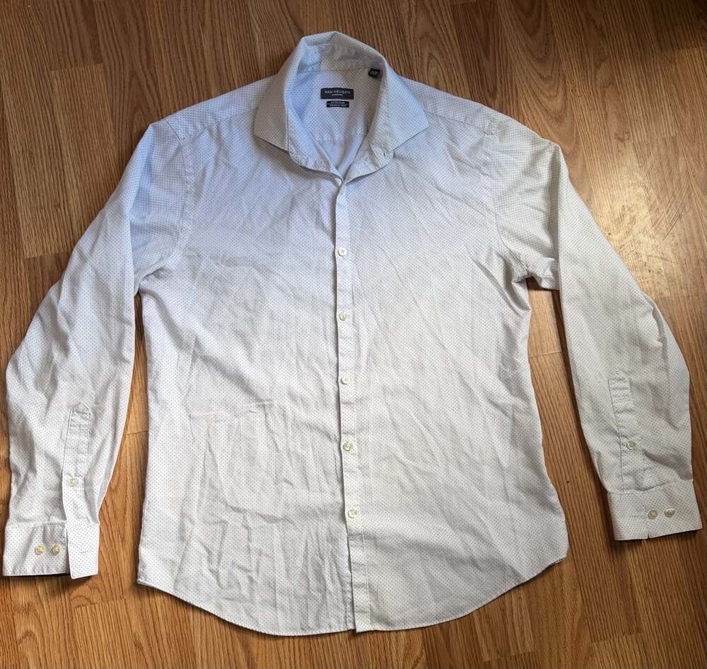 Van Heusen Chrome Dress Shirt Size 15-15.5 32/33 White Polka Dot